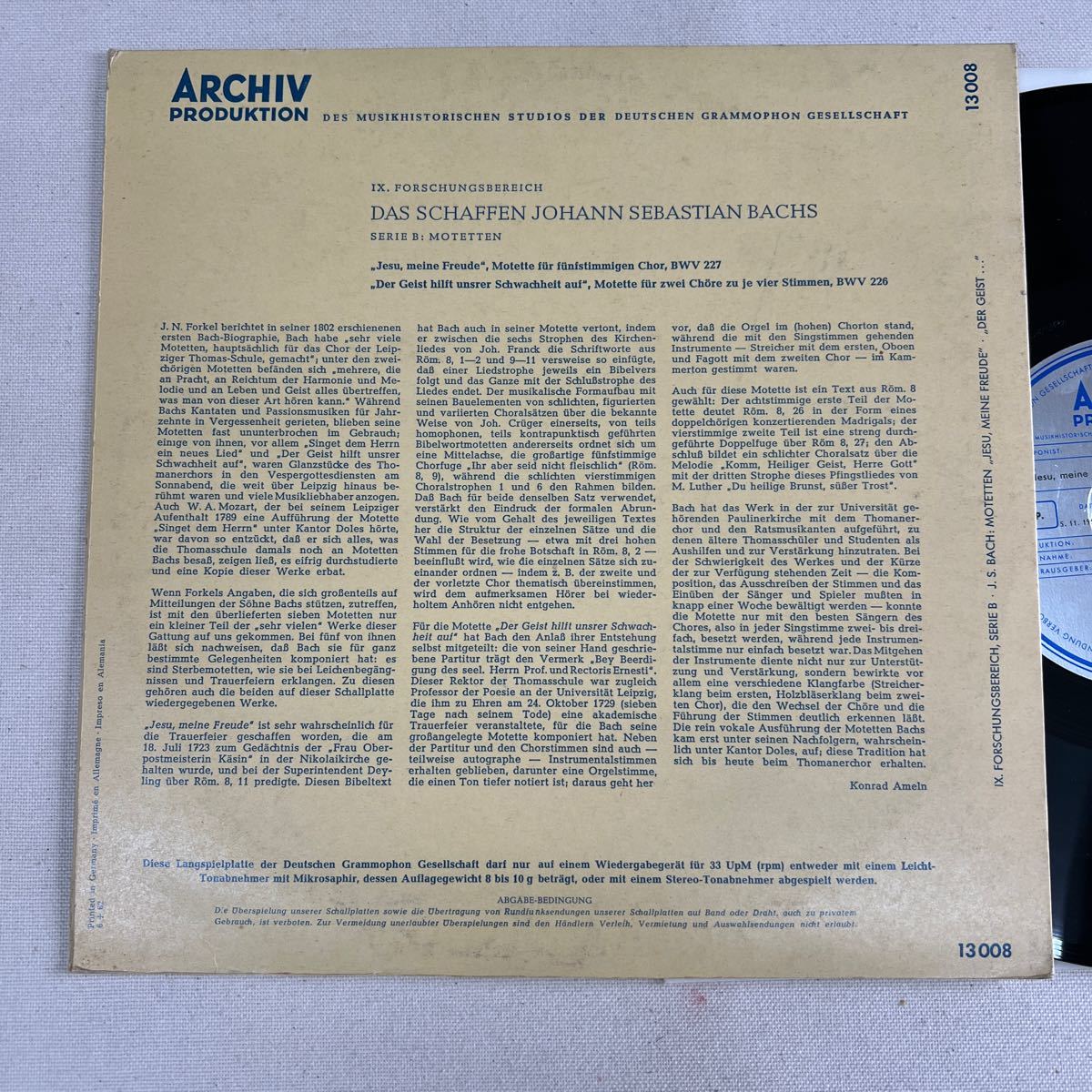 LP 独archiv10インチフラット盤 AP13008 ギュンター・ラミン 聖トーマス教会合唱団 バッハ モテット わが喜びなるイエス 聖霊はわれらの弱_画像2