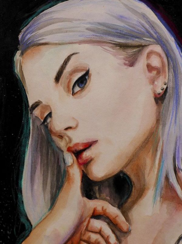 * watercolor original picture silver . young lady. eye difference .[uklaina. woman ]