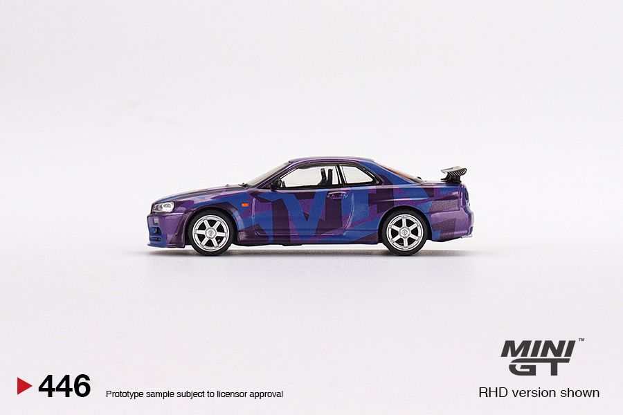 1/64 MINI-GT MGT00446-R Nissan スカイライン GT-R R34 Vスペック II MINI GT デジタルカモフラージュ パープル 5周年記念モデル 日産の画像3