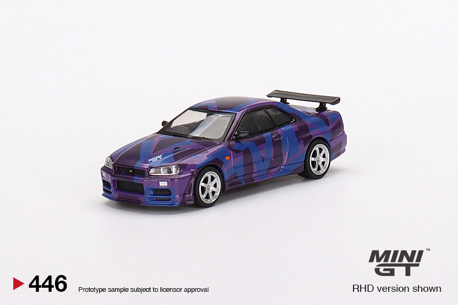 1/64 MINI-GT MGT00446-R Nissan スカイライン GT-R R34 Vスペック II MINI GT デジタルカモフラージュ パープル 5周年記念モデル 日産の画像1