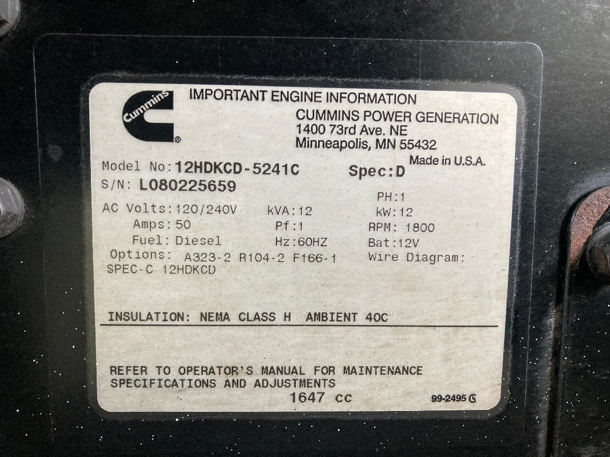 ◇Cummins Onan Commercial QD カミンズ ディーゼル発電機 12HDKCD-5241C クボタ D1703 120V/240V 60Hz 動作不明 本体の画像5