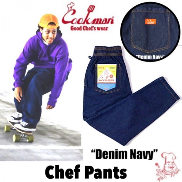 送料0 【COOKMAN】クックマン Chef Pants シェフパンツ Denim Navy 231-23860 -L デニムネイビー 男女兼用 イージーパンツ スケボー LA_画像1