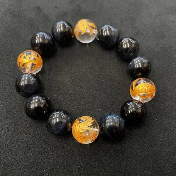 大玉14ｍｍが目立ってカッコいい！！金彫四神獣 本水晶 ブルータイガーアイ ブレスレット お守り 数珠 開運 パワーストーン 贈り物 ギフト