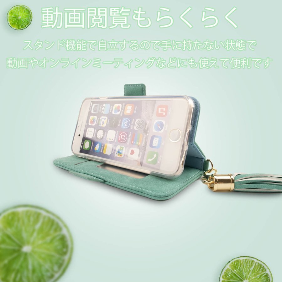 iPhone14 ケース 手帳型 おしゃれ iPhone 14 ケース アイホン14 カバー ミラー 鏡 ストラップ 緑 グリーン アイフォン14 人気 スマホケース_画像5