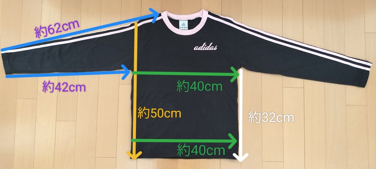 adidas　アディダス　レディース　ジュニア　キッズ　長袖　Tシャツ  黒　ピンク刺繍ロゴ　3ライン　150cm　