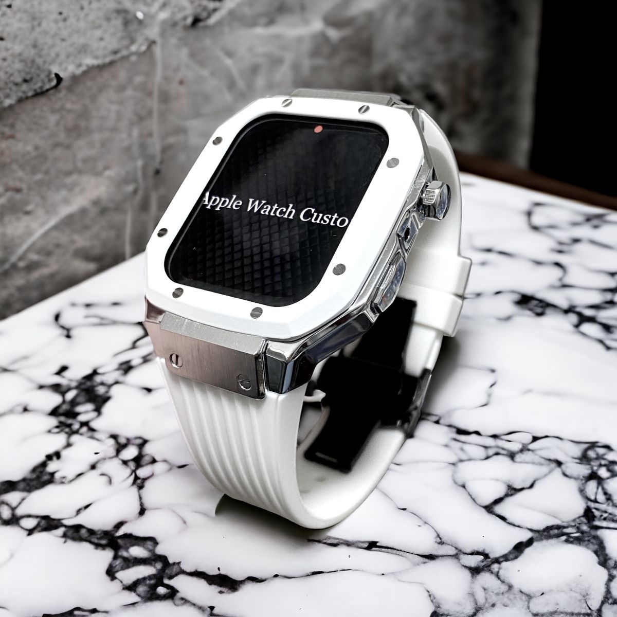ホワイト　アップルウォッチバンド　 ラバー　ベルト カバー　Apple Watch ケース 44mm 45mm メタリック_画像3