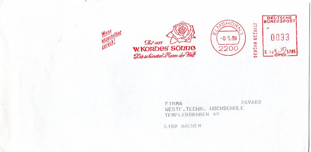 改〒【TCE】L75118 - 西ドイツ・１９８９年・薔薇・差出人メーター印押大量割引印刷物封書_画像1