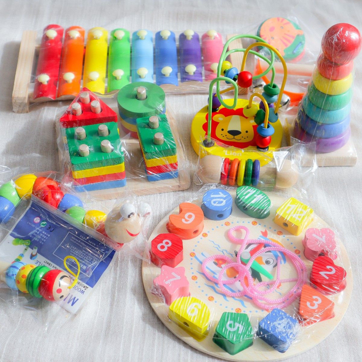 知育に☆木製 おもちゃセット 10種☆モンテッソーリ 指先あそび 楽器 時計