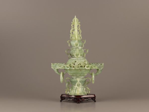 中国古玩 唐物 緑砡石 翡翠 遊環 置物 香炉 時代物 極上品 初だし品 C4147_画像3