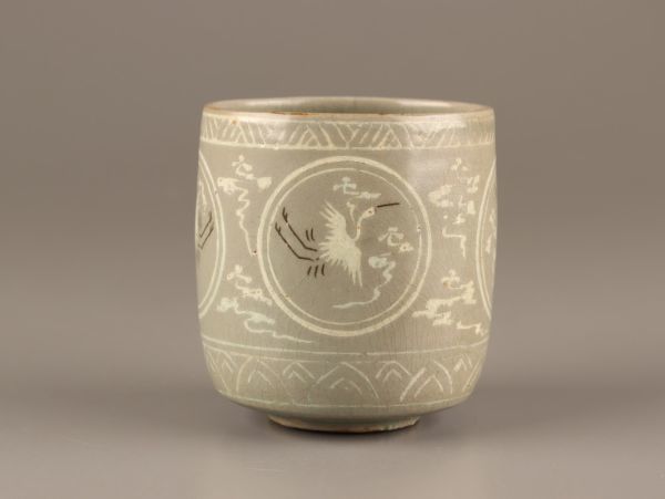 古美術 朝鮮古陶磁器 高麗青磁 白黒象嵌 筒茶碗 時代物 極上品 初だし品 C4087_画像3