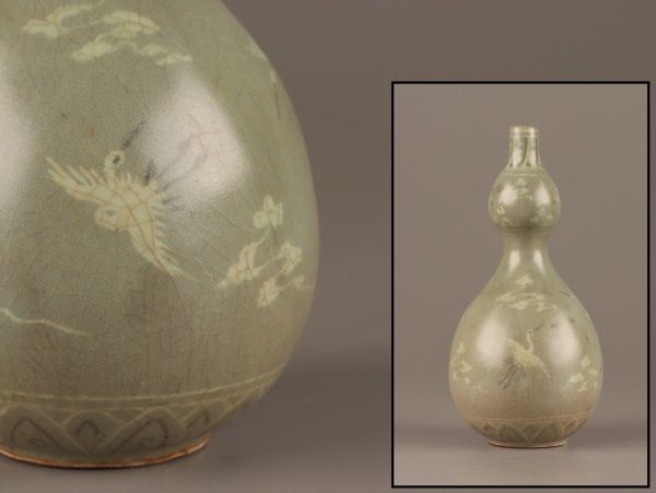 古美術 朝鮮古陶磁器 高麗青磁 白黒象嵌 瓢箪形 花瓶 時代物 極上品 初だし品 C4223_画像1