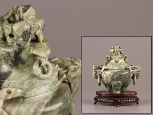 中国古玩 唐物 緑砡石 翡翠 置物 遊環 香炉 時代物 極上品 初だし品 C4651