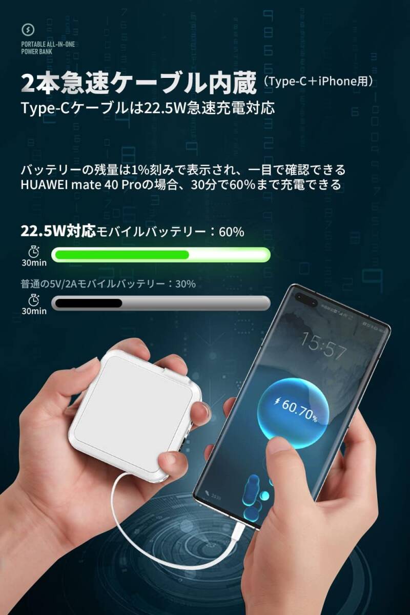 [YON-A60221234] 一台5役 モバイルバッテリー PD20W対応 15000mAh 大容量 急速充電 ケーブル内蔵 コンセント iPhone iPad Android_画像5