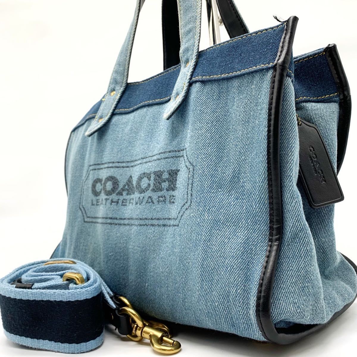 1円【良品】COACH コーチ 2way ショルダーバッグ トート ハンド デンプシー ゴールド金具 デニム レザー ネイビー 斜め掛け _画像1