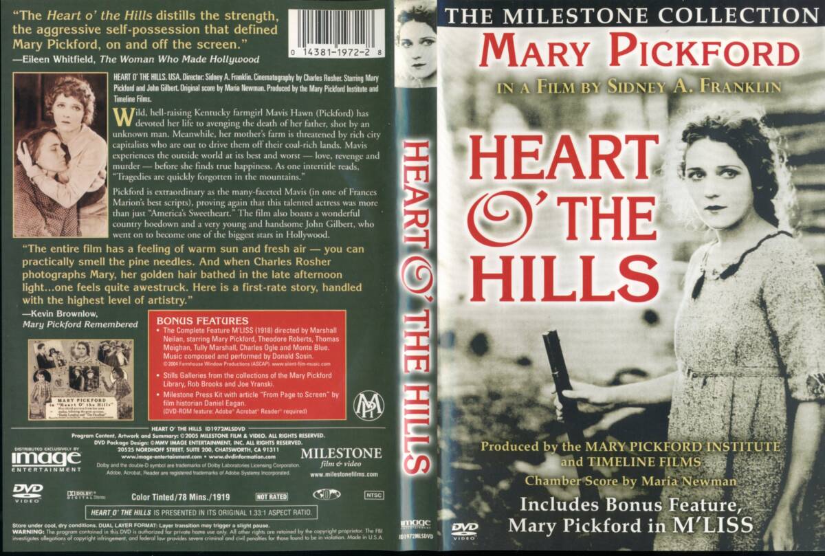 メアリー・ピックフォード主演２作品収録の米盤中古ＤＶＤ ・「想出の丘へ(Heart o'the Hills)」1919年 ・「M'LISS」1918年_画像1