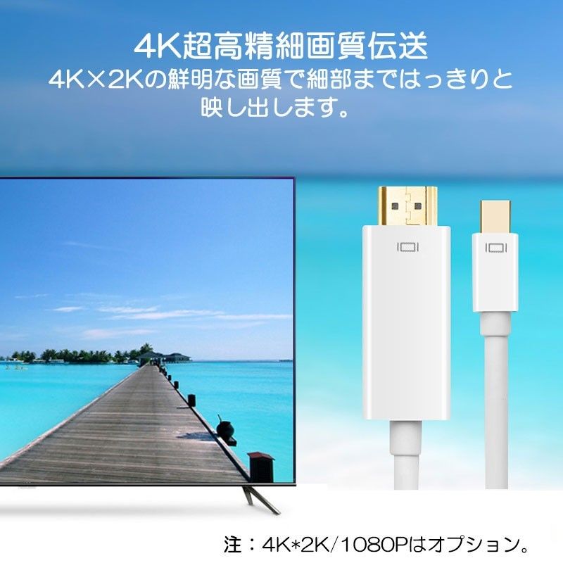 MiniDP to HDMI 4K 変換ケーブル 1.8ｍ 白色 アダプター Mini DisplayPort オス to HDM