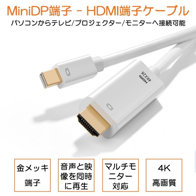 MiniDP to HDMI 4K 変換ケーブル 1.8ｍ 白色 アダプター Mini DisplayPort オス to HDM