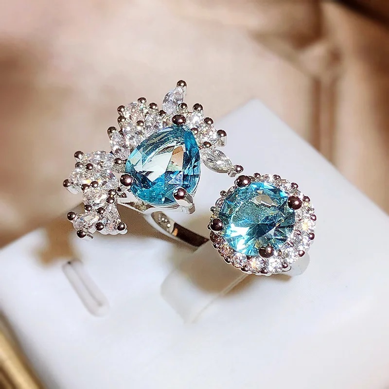 ジルコン　リング　指輪　高品質マリンブルージルコン 2週間以内のお届け 不規則なリングブルー宝石 調節可能な婚約指輪 925銀　パーティー_画像1