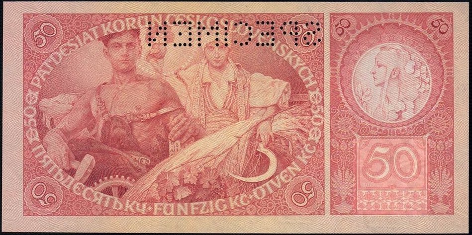(B-1193) チェコスロバキア　50コルン紙幣　ミュシャ（見幣本紙）1929年 ⑩_画像2