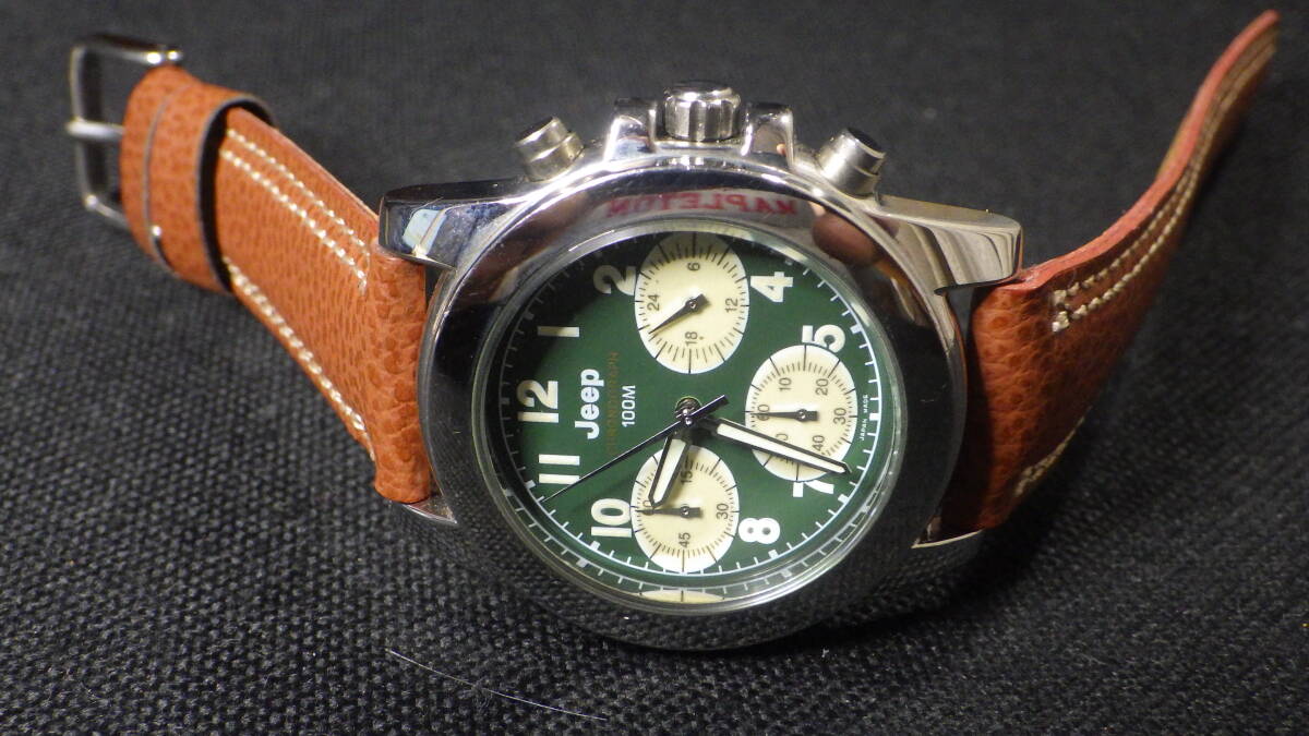  美品☆Jeep ジープ JP-2008 Chronograph グリーン文字盤 メンズ クォーツ腕時計 動作品☆_画像3