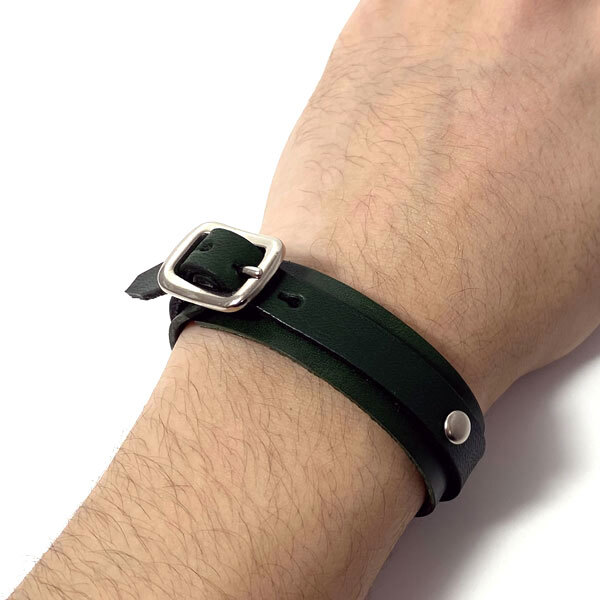 [S size ] leather bracele wristband 2 -ply to coil cow leather original leather accessory men's Lady's cow leather hand made green 
