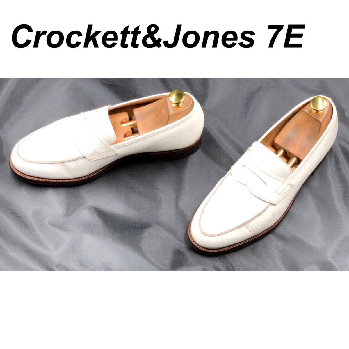 即決 Crockett&Jones クロケット＆ジョーンズ 25cm 7E メンズ レザーシューズ ローファー 白 ホワイト シボ革 革靴 皮靴 ビジネスシューズ