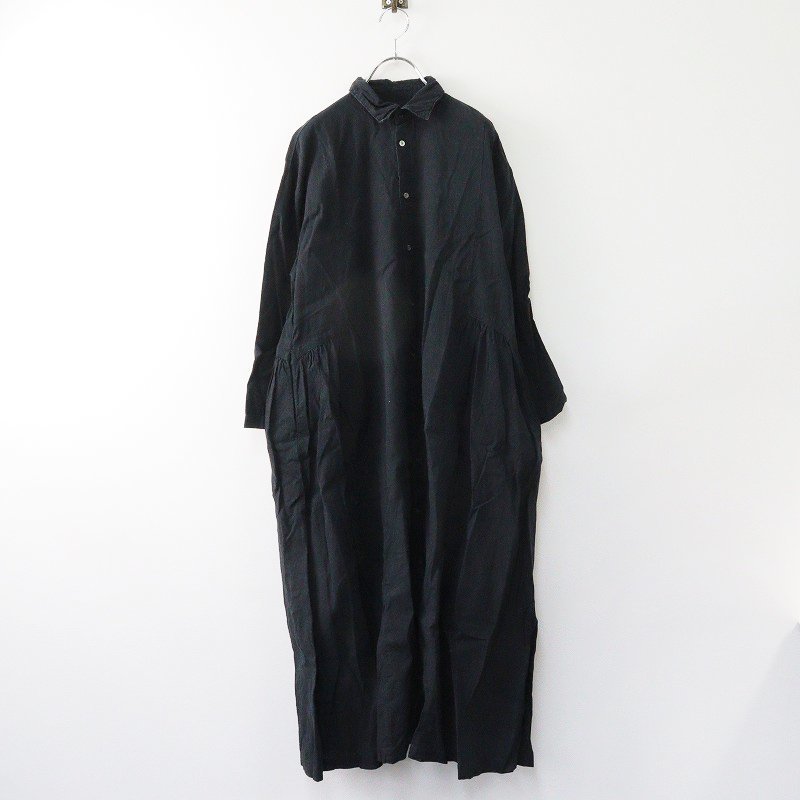 2022AW ネストローブ nest Robe UpcycleLino 近江晒 サイドギャザーワンピース F/ブラック ドレス 長袖 ロング シャツ【2400013741460】