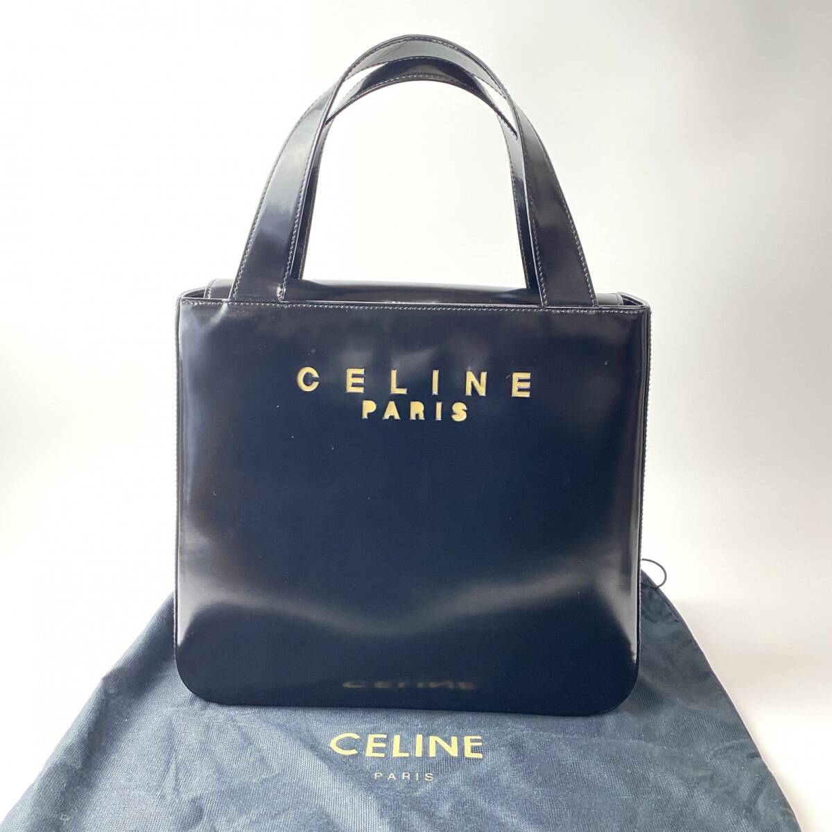 美品 セリーヌ CELINE レディース パテントレザー ロゴ カットアウト ハンドバッグ トートバッグ ビンテージ