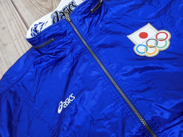 17．オリンピック ロゴ アシックス 90s 日本製 JAPAN プリント ナイロン ジャージ トラック ジャケット ジャンパー Y2K メンズXO 青x905_画像1