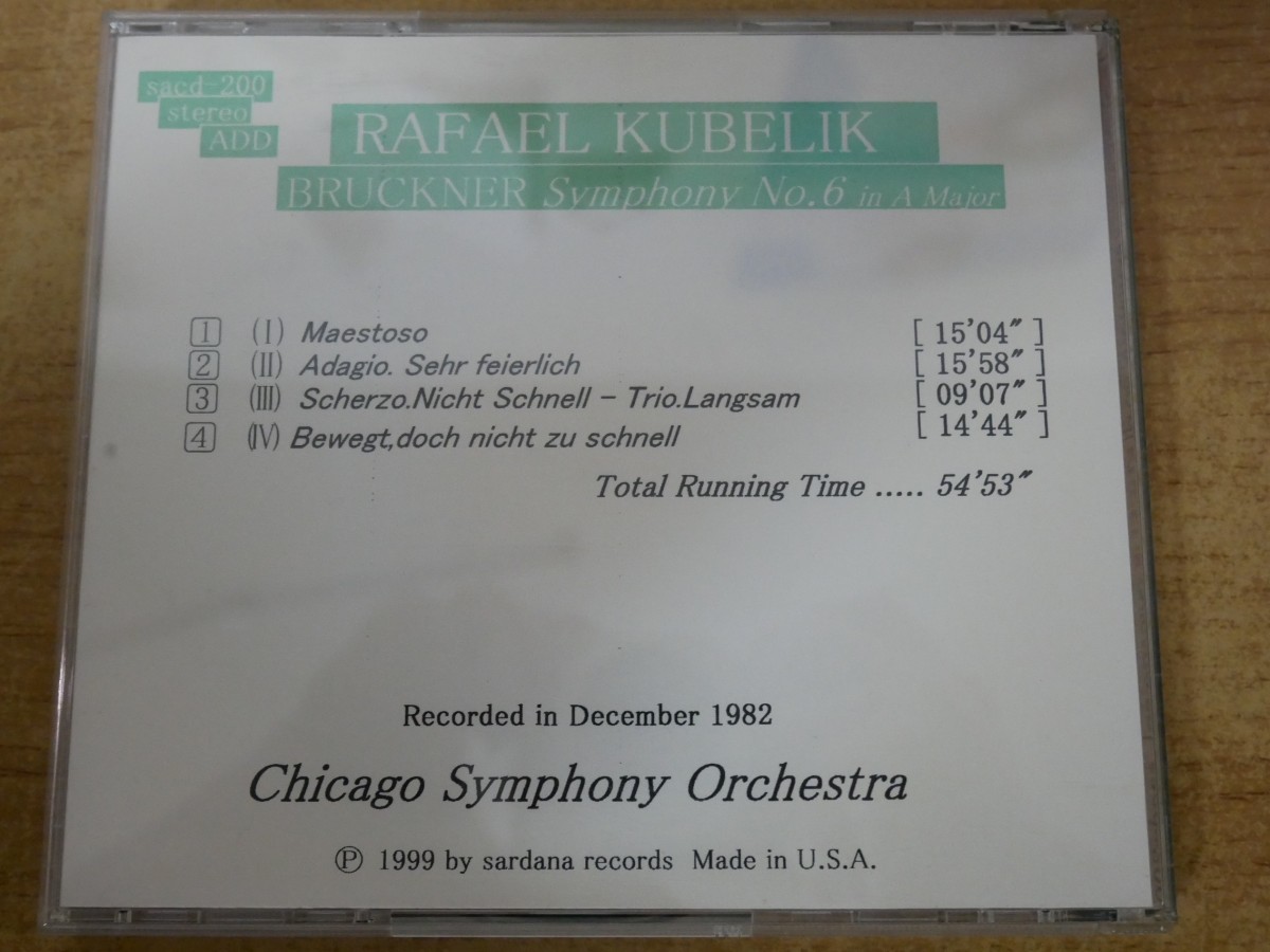 CDk-4238 KUBELIK ,Chicago Symphony Orchestra / BRUCKNER : SYMPHONY NO.6_画像2