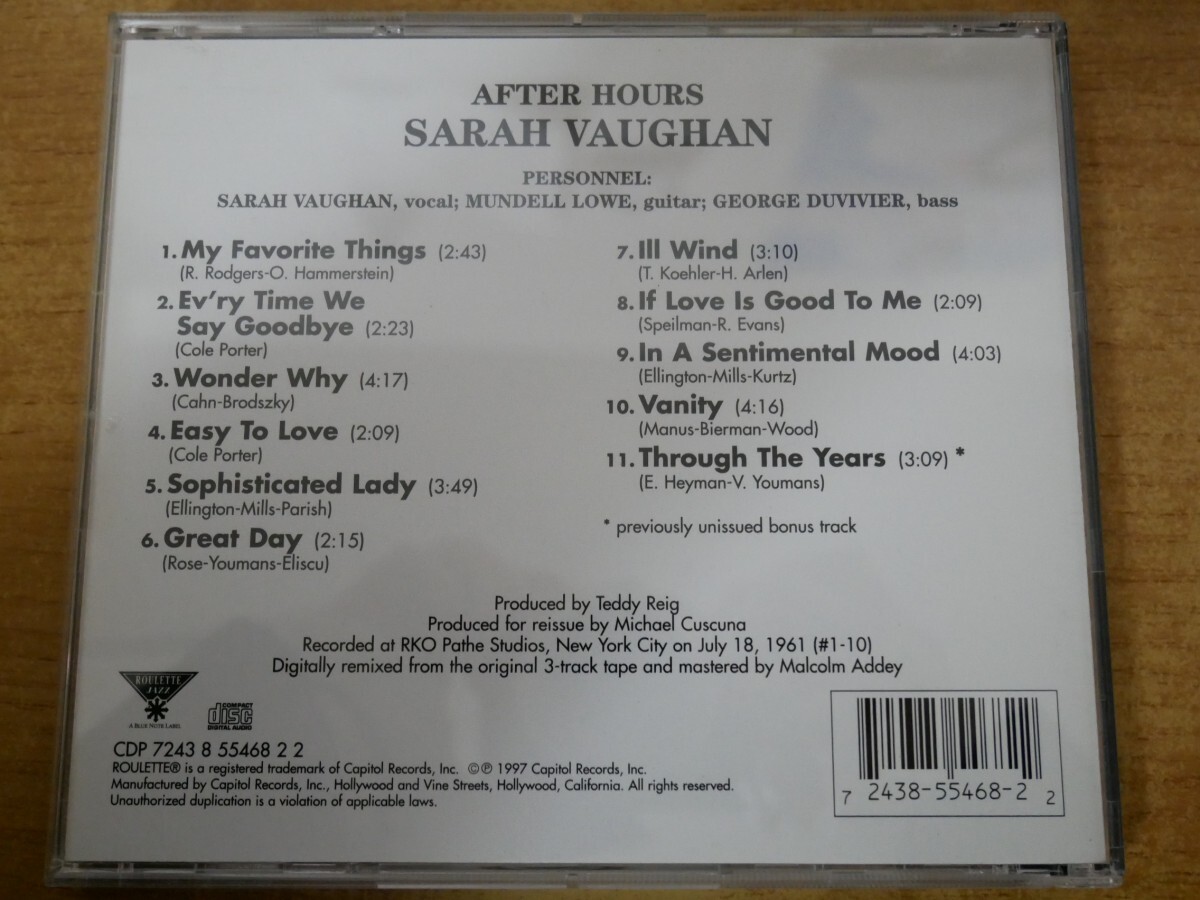 CDk-5322 サラ・ヴォーンSarah Vaughan / After Hours_画像2