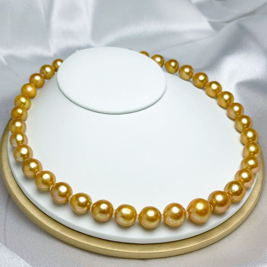 綺麗！茶金！有核！本真珠×タンザナイトと母貝殻10-14mm天然パール42cm ゴールドパールネックレス jewelry necklace pearl_画像3
