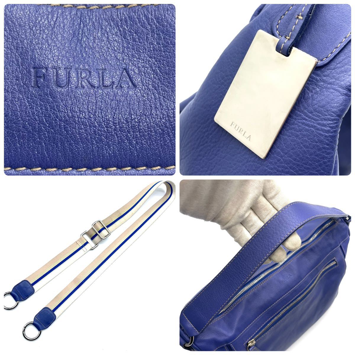 希少カラー/A4収納◎ フルラ FURLA メンズ 2way ショルダーバッグ 大容量 ロゴチャーム レザー 青 ロイヤルブルー 斜め掛け クロスボディ_画像10