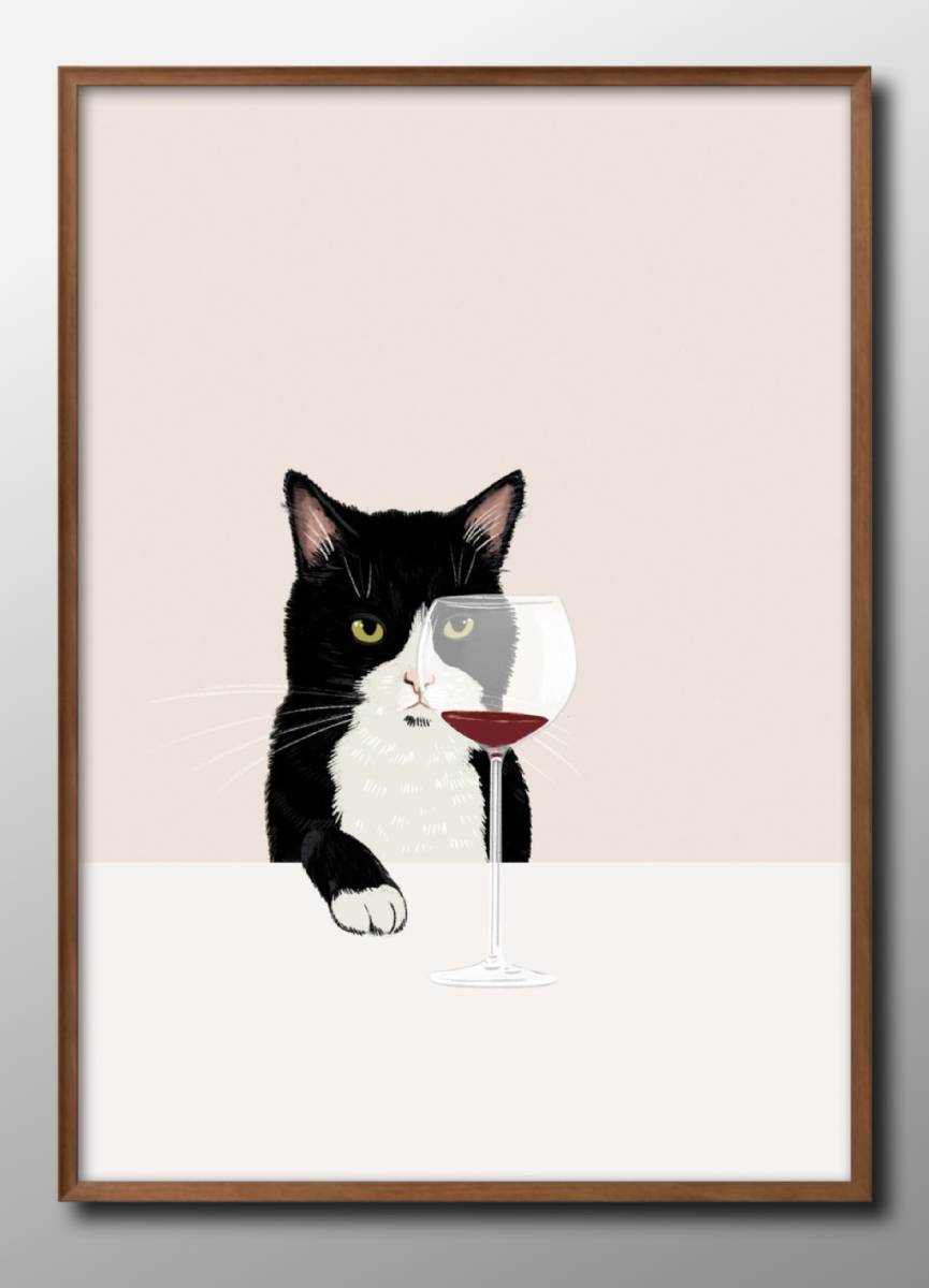13410■送料無料!!アートポスター　絵画　A3サイズ『猫とワイン　ハチワレ』イラスト　北欧　マット紙_画像1