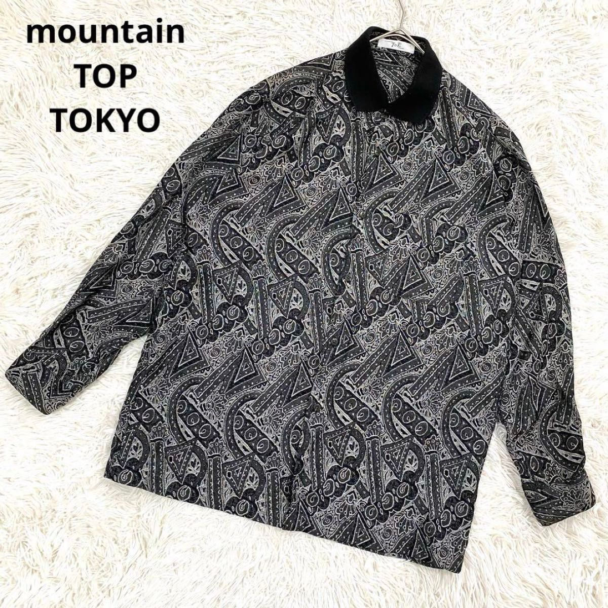 mountain TOP TOKYO シルク混 シャツ L 総柄 黒 グレー 古着 レトロ