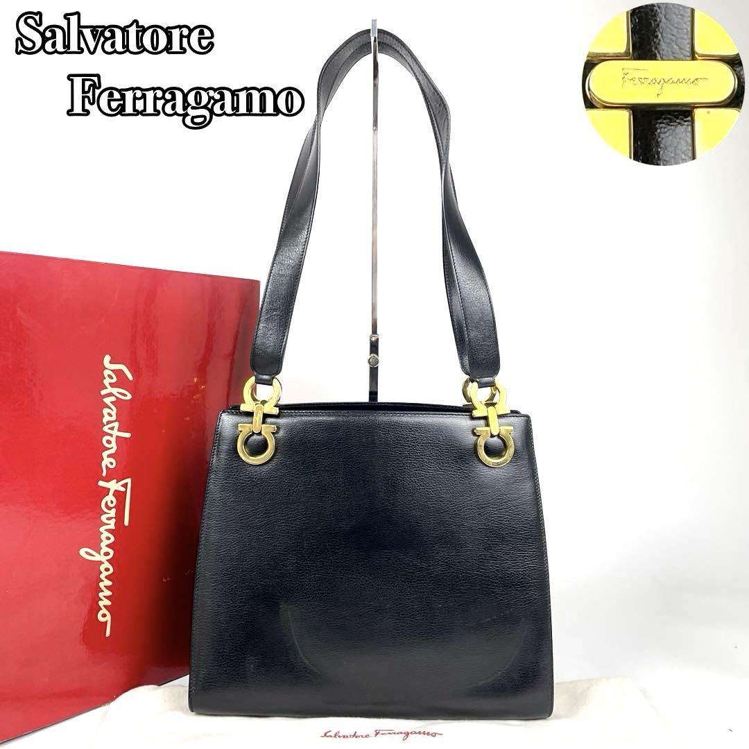 【大人気】Salvatore Ferragamo フェラガモ ワンショルダー ダブル ガンチーニ 肩掛け トートバッグ ゴールド金具 レザー 黒 ブラック_画像1