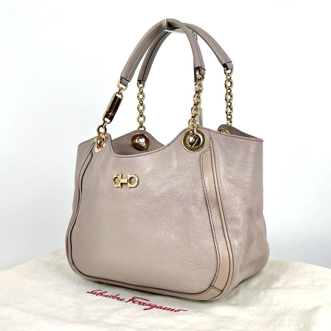 1 jpy ~* beautiful goods *Salvatore Ferragamo Ferragamo double gun chi-ni handbag chain Gold metal fittings tote bag leather pink beige 