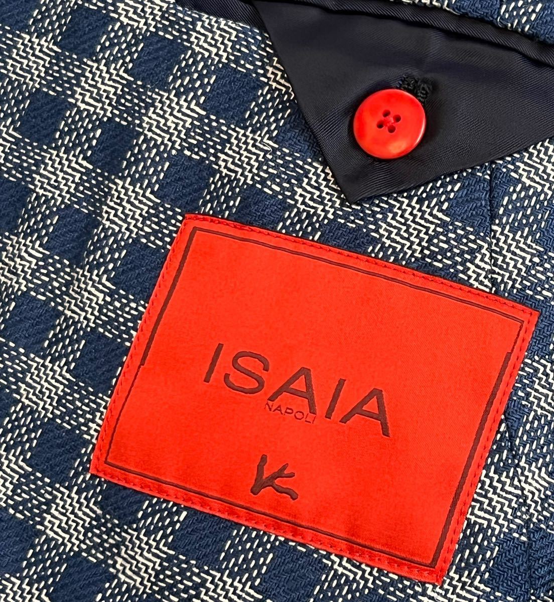 ISAIA イザイア ブルーネイビーホワイト系 サイズ 46 S〜M テーラード ジャケット シルク 100% イタリア製 チェック_画像5