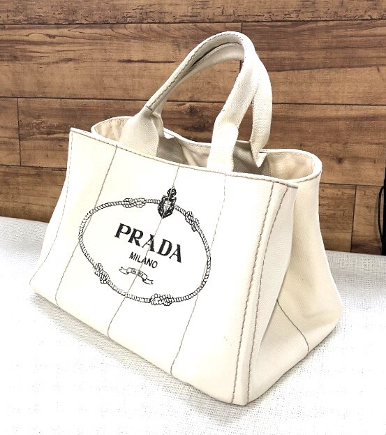 (4)PRADA プラダ カナパ キャンバス トートバッグ アイボリー _画像1