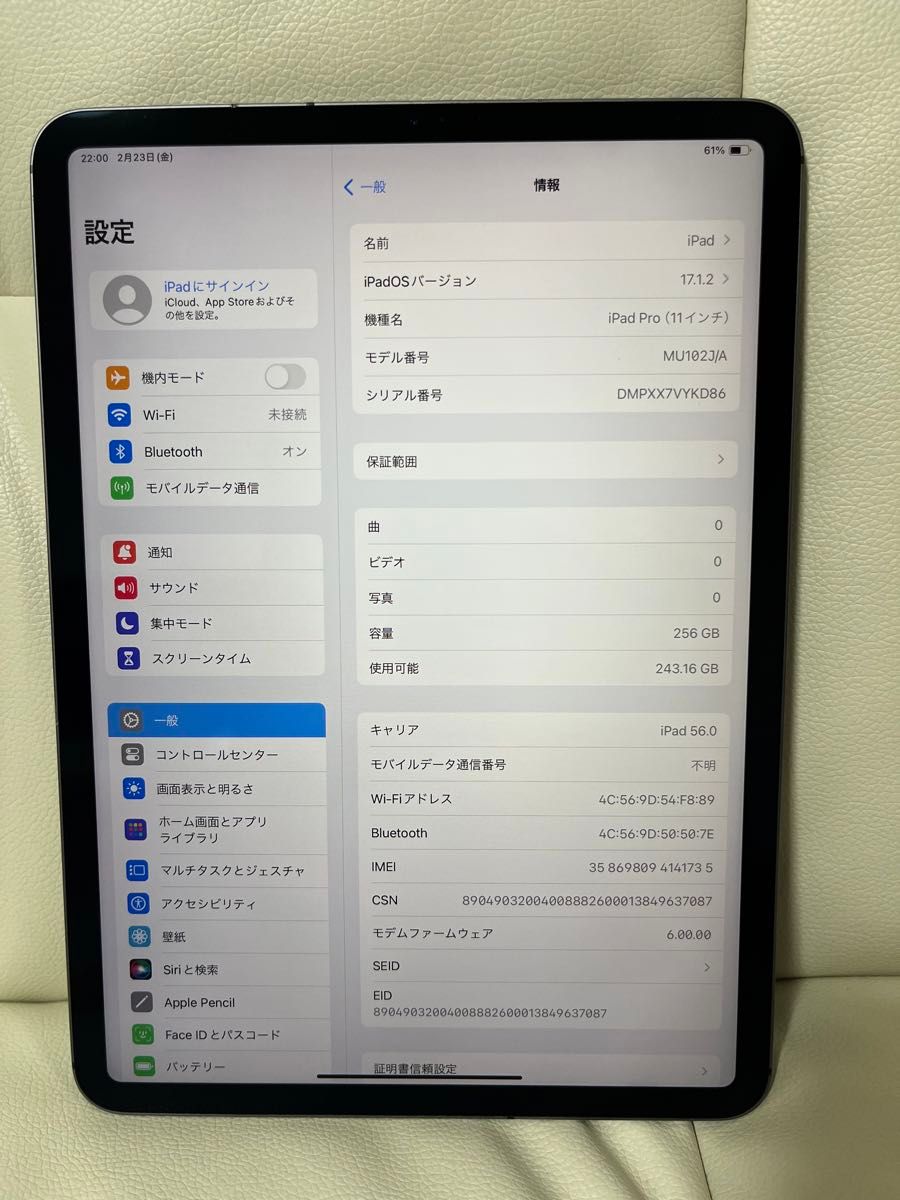 激安　iPad Pro 11インチ 第1世代 256GB  Wi-Fi+ Cellularモデル　SIMフリー