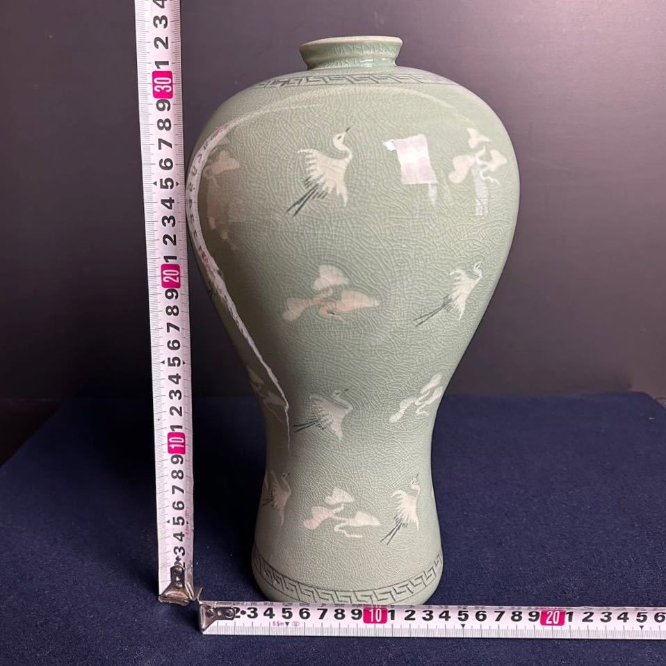 [SX310] 高麗青磁 恩峰 郡鶴紋 高さ約32cm 花器 花瓶 花入 青磁器 飾り壺 置物 インテリア 骨董 白光窯 姜顕求 朝鮮美術の画像9