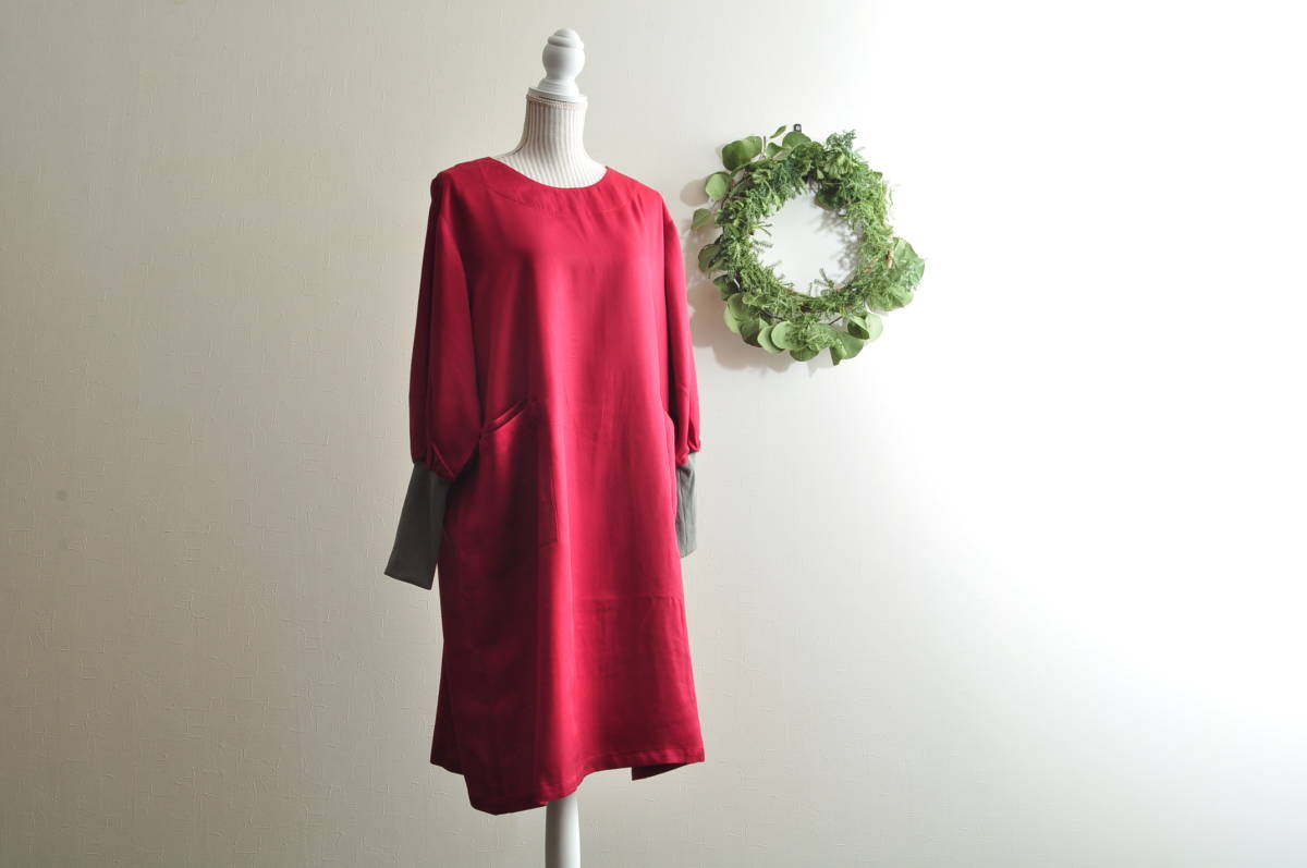 Handmadeレッドシルクリネン　割烹着ワンピース　L～LL　2146