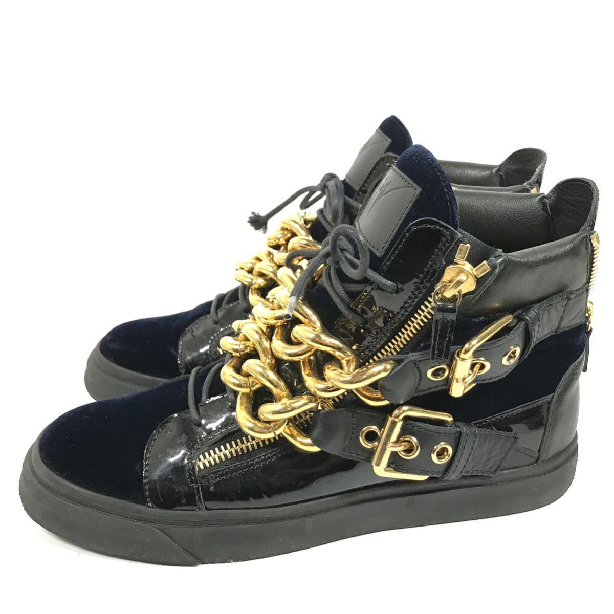 【ジュゼッペザノッティ】本物 GIUSEPPE ZANOTTI 靴 29cm ゴールドチェーン ハイカットシューズ スニーカー ベロア×レザー メンズ 伊製 44_画像6