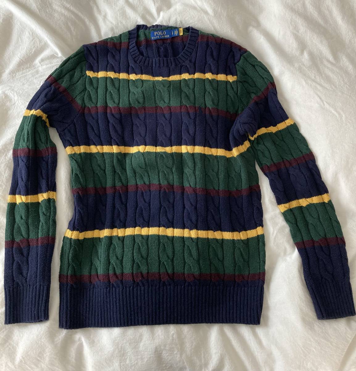 Polo Ralph Lauren コットン　ケーブルニット メンズ S ポロ　ラルフローレン 綿　アイビー　ボーダー柄　学生風　セーター_画像1