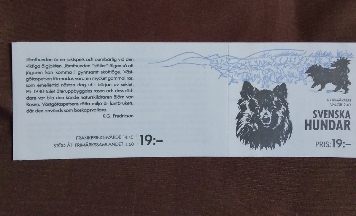 スウェーデン　1989.10.7 スウェーデンの犬　ミニ切手帳　3完連刷×2ページ 未使用　動物　イヌ　_画像2