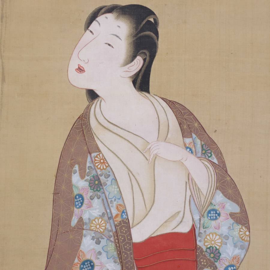 法橋 月岡 雪鼎 肉筆 絹本 美人画 掛け軸 箱付き 江戸時代中期 浮世絵師★781h29_画像4