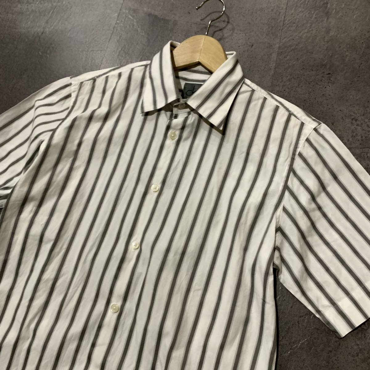 D☆良品/ 人気モデル!! '日本製' CK Calvin Klein カルバンクライン 半袖 コットン100% ストライプ柄 ボタンシャツ size:L トップス 紳士服_画像4