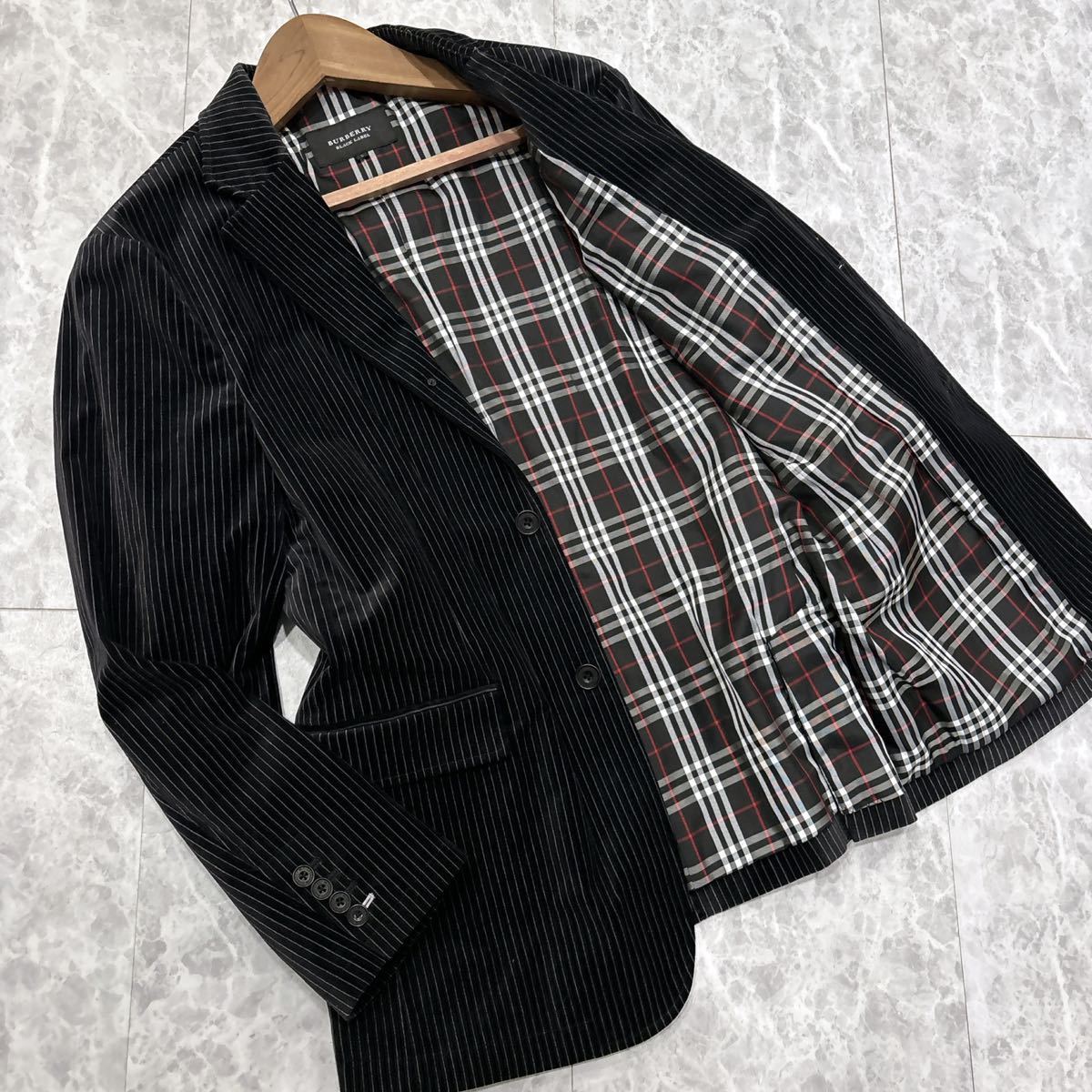 H ＊ 良品 国内正規品 '高級紳士服' BURBERRY BLACKLABEL バーバリー 裏地 チェック柄 ベロア ストライプ柄 テーラードジャケット L_画像1