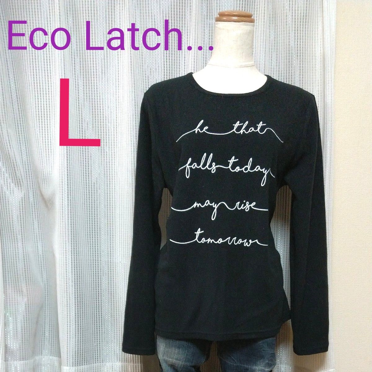 ★Eco Latch...★英字ロゴ あったか フリース 黒 Lサイズ トップス エコラッチ レディース  長袖Tシャツ ブラック