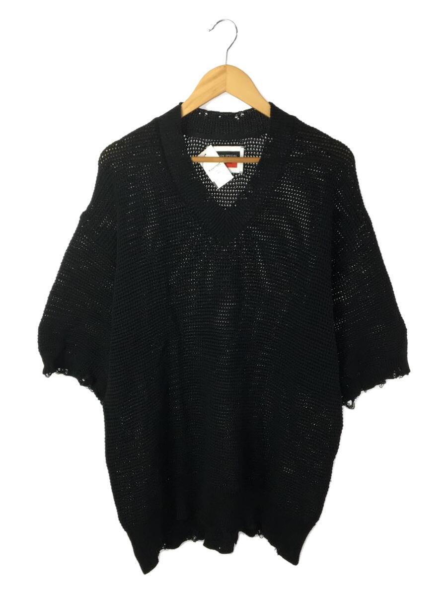 MAISON SPECIAL◆オーバーダメージメッシュニットVネックTシャツ/2/コットン/BLK